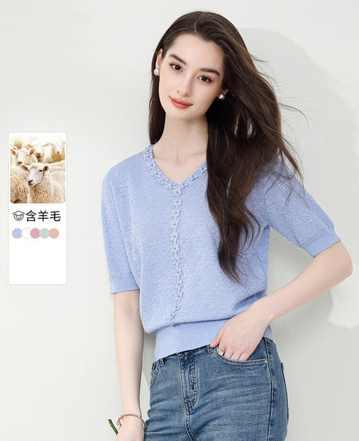 【铂金会员146/天猫199/差价53】(01543)洛诗琳时尚V领短袖针织衫女薄款夏季2025新款肌理感上衣 商品图0