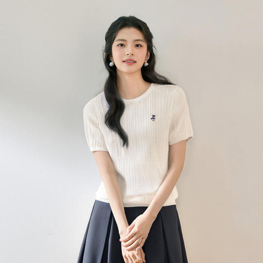 【商场同款】【萌宠系列】诗凡黎猫咪刺绣圆领针织衫2025夏短袖上衣3G4630931 商品图0