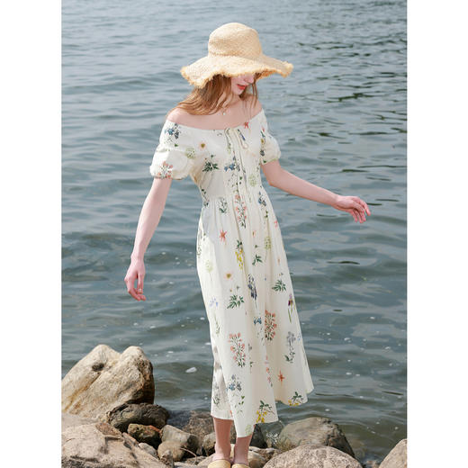 【100棉】三彩2025秋季新款法式方领连衣裙高腰A字大摆长裙M 商品图2