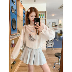 <曾小咸推荐>慵懒风宽松印花薄款罩衫长袖T恤