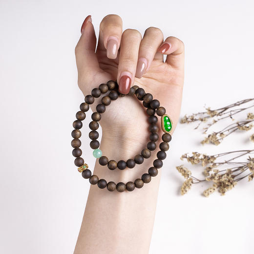 xy0398沉香+翡翠福豆双圈手链项链 商品图6