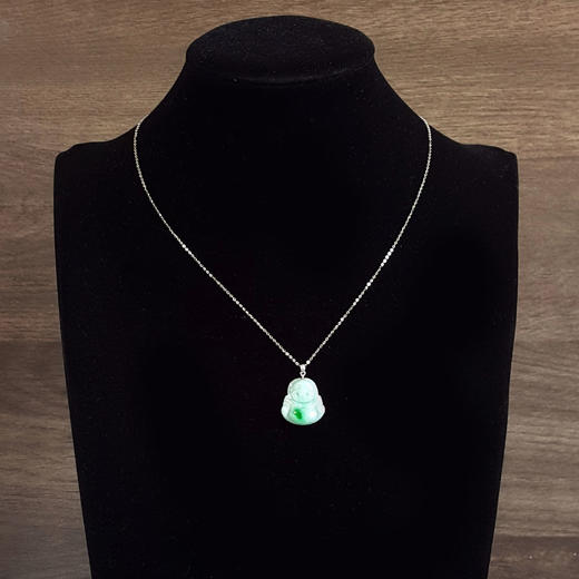 【天然正品】AU750白金镶天然细腻糯种白底飘阳绿佛公翡翠吊坠项链090425AH39 现售价：520(特价) 商品图8