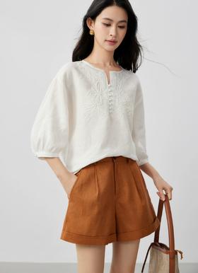 简约亚麻V领宽松精致刺绣花朵透气清爽苎麻衫