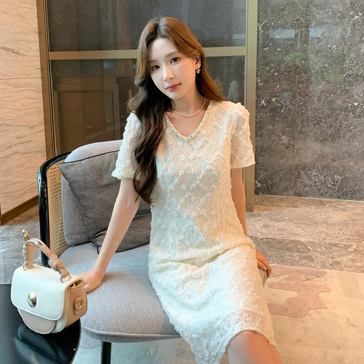 奢姿大码女装2026夏季波西米亚风提花蕾丝连衣裙胖妹妹V领裙子9952822032【1】 商品图2
