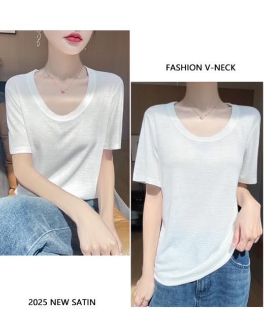 夏日懒人美学天花板！【MOMOTIABIN韩系慵懒感天丝U领短袖YYTMA84】版型慵懒又随性日常，一件轻松搞定出门不费脑穿搭 商品图2