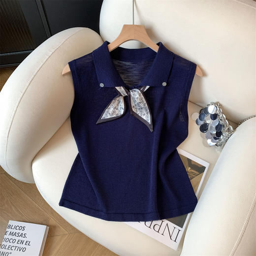 韩系POLO翻领针织衫女送丝巾冰丝2025夏季新款纽扣高级感宽松无袖上衣女 商品图8