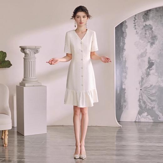 IWY/米白色气质优雅V领显瘦小香风连衣裙夏季收腰显瘦a字裙WQ192 商品图0