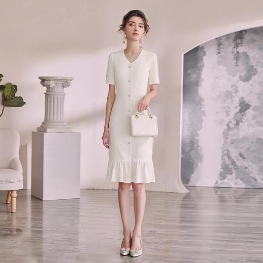 IWY/米白色气质优雅V领显瘦小香风连衣裙夏季收腰显瘦a字裙WQ192 商品图2