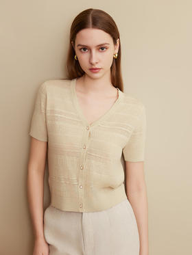 【棉麻镂空针织开衫】25年夏季新品女士V领短款薄款针织小外套