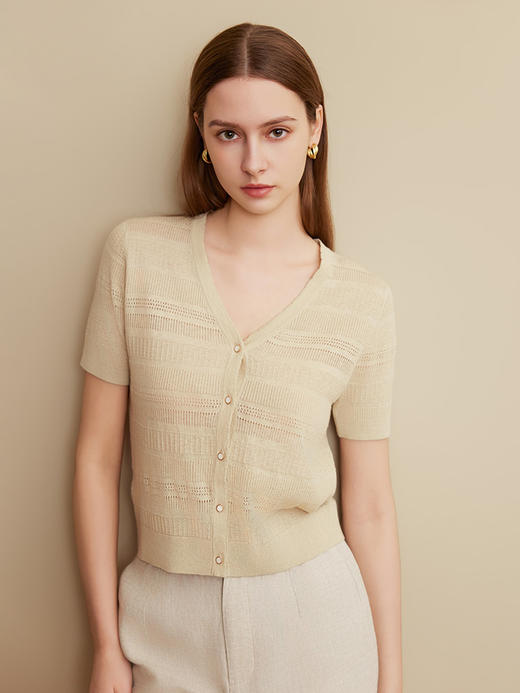【棉麻镂空针织开衫】25年夏季新品女士V领短款薄款针织小外套 商品图0