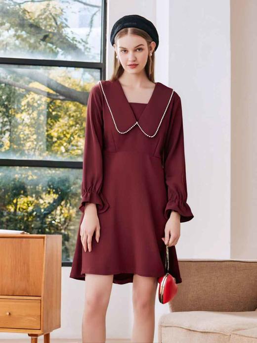 【诗铭洛可】1906连衣裙翻领手工钉珠珍珠边长袖连衣裙B20-2 商品图0