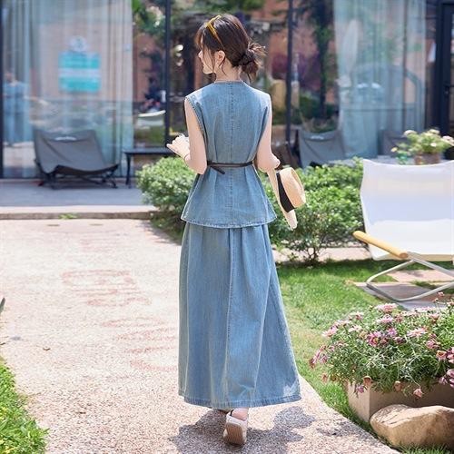 牛仔无袖上衣半身裙两件套，气质修身牛仔套装HR-YLFS9003 商品图2