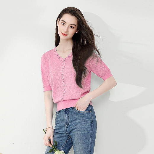 【铂金会员146/天猫199/差价53】(01543)洛诗琳时尚V领短袖针织衫女薄款夏季2025新款肌理感上衣 商品图2
