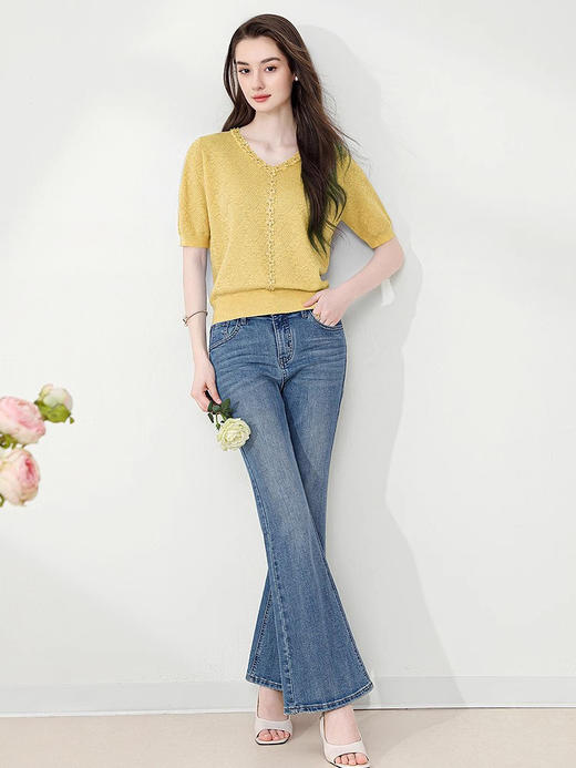 【铂金会员146/天猫199/差价53】(01543)洛诗琳时尚V领短袖针织衫女薄款夏季2025新款肌理感上衣 商品图6