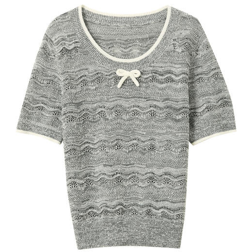 三彩2025秋季新款蝴蝶结圆领针织衫短袖套头毛衫设计感百搭M 商品图4