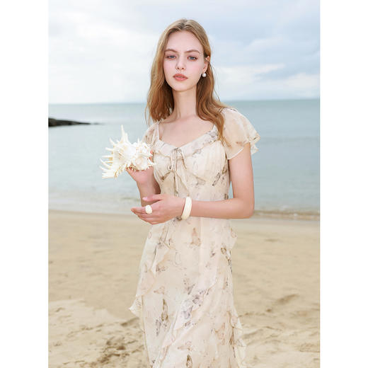 三彩2025秋季新款木耳边荷叶袖蝴蝶印花雪纺连衣裙大摆长裙M 商品图3