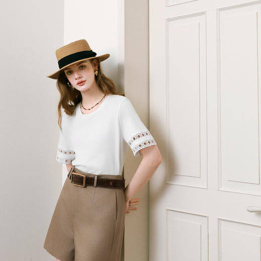 【商场同款】诗凡黎镂空花边袖T恤2025夏新款针织小上衣3G4300441 商品图1