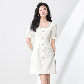 「高货wl」全新升级【铂金会员358/天猫479/差价121】(12254)洛诗琳小香风浮雕提花连衣裙2025夏季珍珠方领显瘦裙子