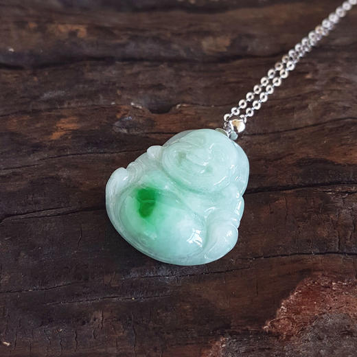 【天然正品】AU750白金镶天然细腻糯种白底飘阳绿佛公翡翠吊坠项链090425AH39 现售价：520(特价) 商品图5