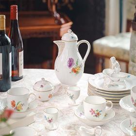 【已售】独角鹿西洋古董20世纪德国柏林皇家瓷窑KPM出品蝴蝶花卉系列主题手绘描金装饰六人下午茶瓷器套件