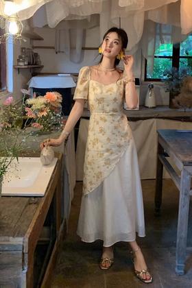 ELLA JADE 方领泡泡袖碎花不规则连衣裙 20856