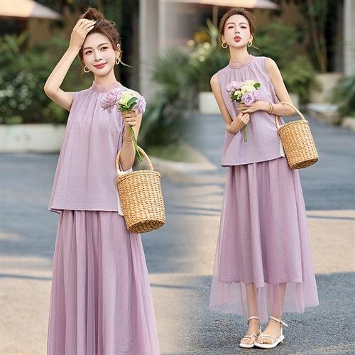 蝴蝶结无袖上衣两件套网纱半身裙2025夏季新款女装优雅紫色多巴胺 DMGYA023 商品图0