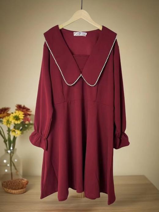 【诗铭洛可】1906连衣裙翻领手工钉珠珍珠边长袖连衣裙B20-2 商品图1