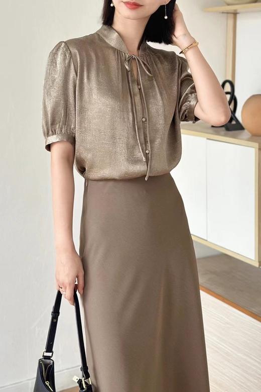 Le Malene 复古系带锻面短袖衬衣 20855 商品图1