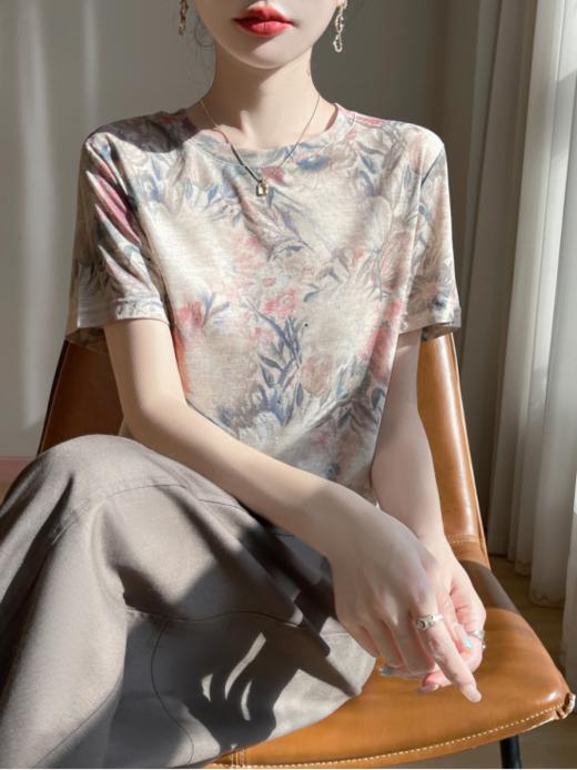 三伏天穿出诗意的天丝短袖【MOMOTIABIN撞色水墨短袖YYTMA79】 给姐姐的“第二层肌肤”灰调烟雨青/雾紫渐变，如生宣晕开的写意山水 商品图6