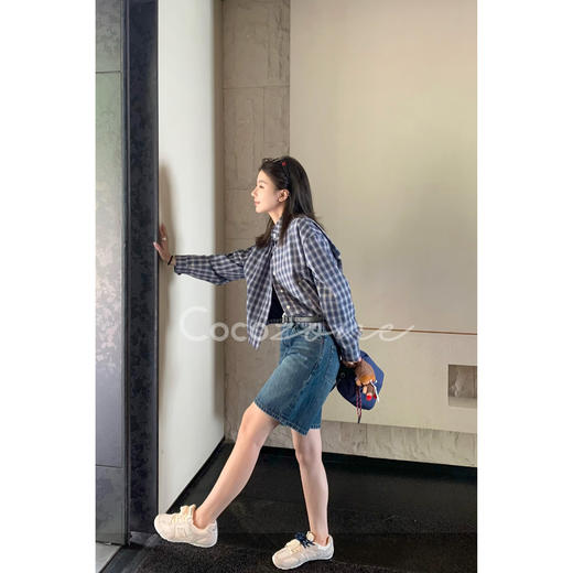 COCO ZONE 刘一一“小蓝格衬”100棉撞色翻领贝壳扣外套CD1A1022 商品图0