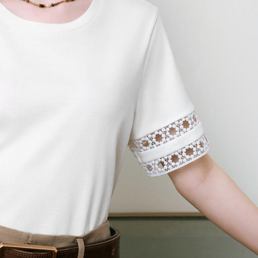 【商场同款】诗凡黎镂空花边袖T恤2025夏新款针织小上衣3G4300441 商品图3