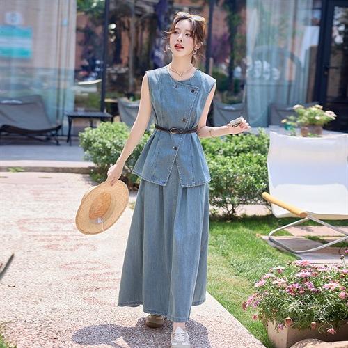 牛仔无袖上衣半身裙两件套，气质修身牛仔套装HR-YLFS9003 商品图4