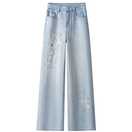 「自」全新升级【铂金会员183/天猫239/差价56】(10036)洛诗琳国风刺绣阔腿牛仔裤2025夏季新款高腰显瘦宽松直筒裤 商品图4