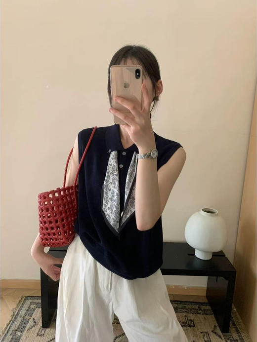 韩系POLO翻领针织衫女送丝巾冰丝2025夏季新款纽扣高级感宽松无袖上衣女 商品图0
