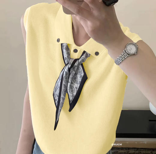韩系POLO翻领针织衫女送丝巾冰丝2025夏季新款纽扣高级感宽松无袖上衣女 商品图10