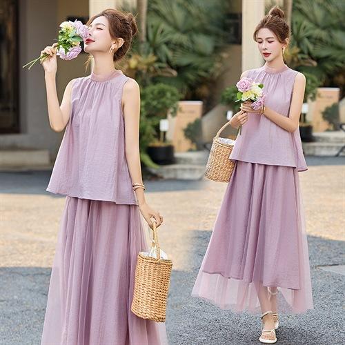 蝴蝶结无袖上衣两件套网纱半身裙2025夏季新款女装优雅紫色多巴胺 DMGYA023 商品图4