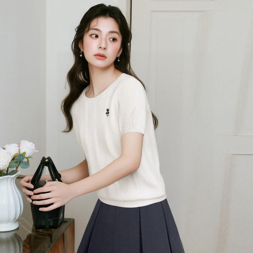 【商场同款】【萌宠系列】诗凡黎猫咪刺绣圆领针织衫2025夏短袖上衣3G4630931 商品图4