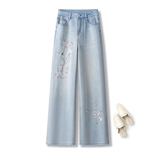 「自」全新升级【铂金会员183/天猫239/差价56】(10036)洛诗琳国风刺绣阔腿牛仔裤2025夏季新款高腰显瘦宽松直筒裤 商品图0