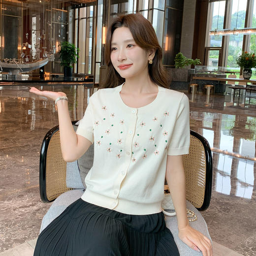 奢姿大码女装2025夏季减龄绣花图案时尚针织衫胖妹妹圆领百搭上衣9652621788 商品图2