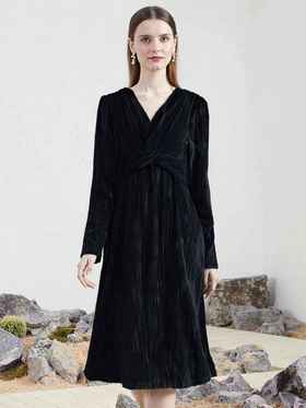 【诗铭洛可】W734连衣裙丝绒复古打结裙B21-2