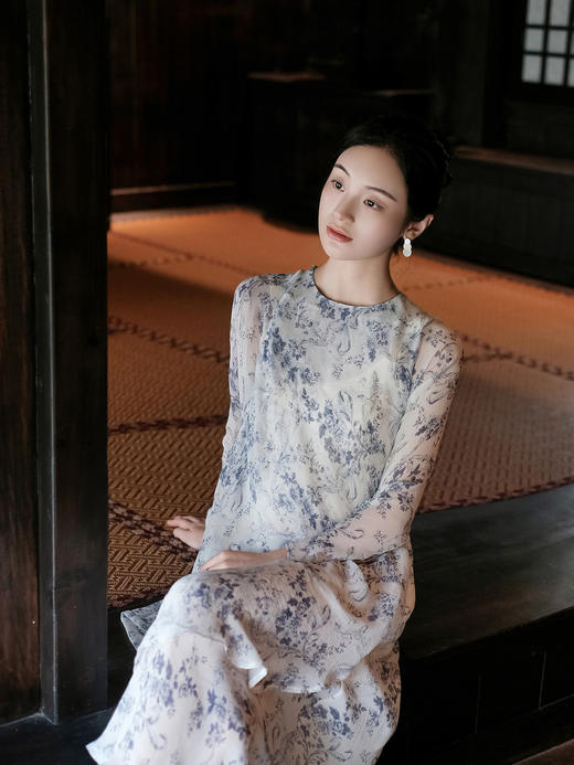 盛唐牡丹| 真丝雪纺斜摆长裙 商品图3