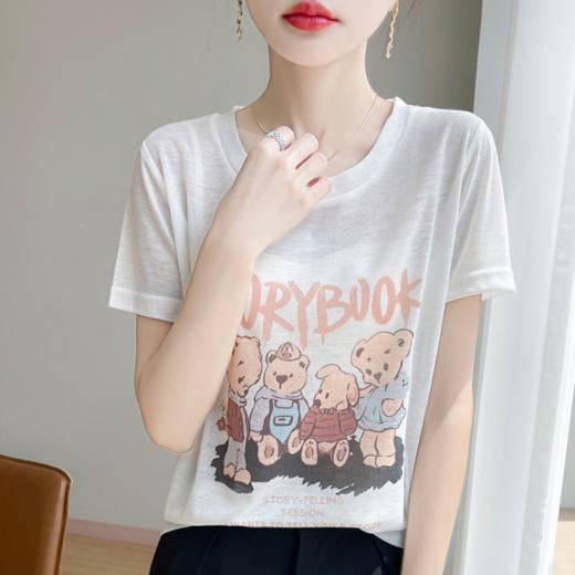 【MOMOTIABIN莱赛尔圆领撞色小熊提花T恤YCHZ78】✅顶级面料三合一：⁤100%莱赛尔！⁡✅短袖软糯凉滑到像第二层肌肤！⁣✅天然凉感纤维，38°高温依旧清爽宜人~ 商品图1
