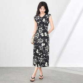 「高货wl」全新升级【铂金会员293/天猫389/差价96】(11905)洛诗琳轻中式印花缎面连衣裙2025夏季气质显瘦优雅长裙