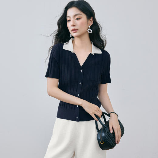 【商场同款】诗凡黎天丝针织衫2025夏新款显瘦V领上衣女3G5231911 商品图0