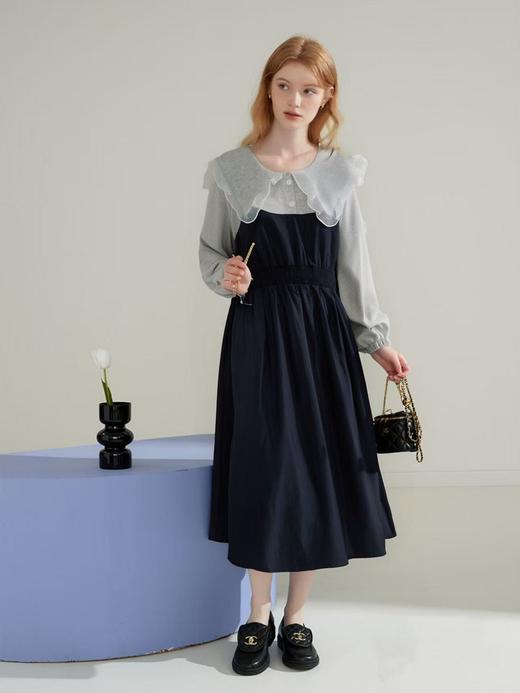 【诗铭洛可】XC2253连衣裙网纱拼色花边翻领长袖裙A17-1 商品图1