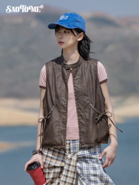 早乙女惠子saotome/STMMJ252283/飘带水洗擦皮马甲