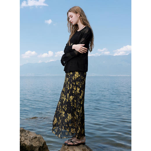 三彩2025秋季新款碎花雪纺半身裙松紧高腰A字裙长裙气质M 商品图3