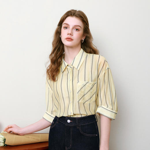 【商场同款】诗凡黎撞色条纹翻领衬衫2025夏新款衬衣女3G4120201 商品图4