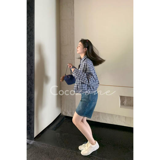 COCO ZONE 刘一一“小蓝格衬”100棉撞色翻领贝壳扣外套CD1A1022 商品图1