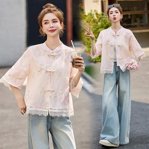 轻奢防晒上衣蕾丝拼接，重工刺绣盘扣立领中袖外套HR-MX8902 商品图4